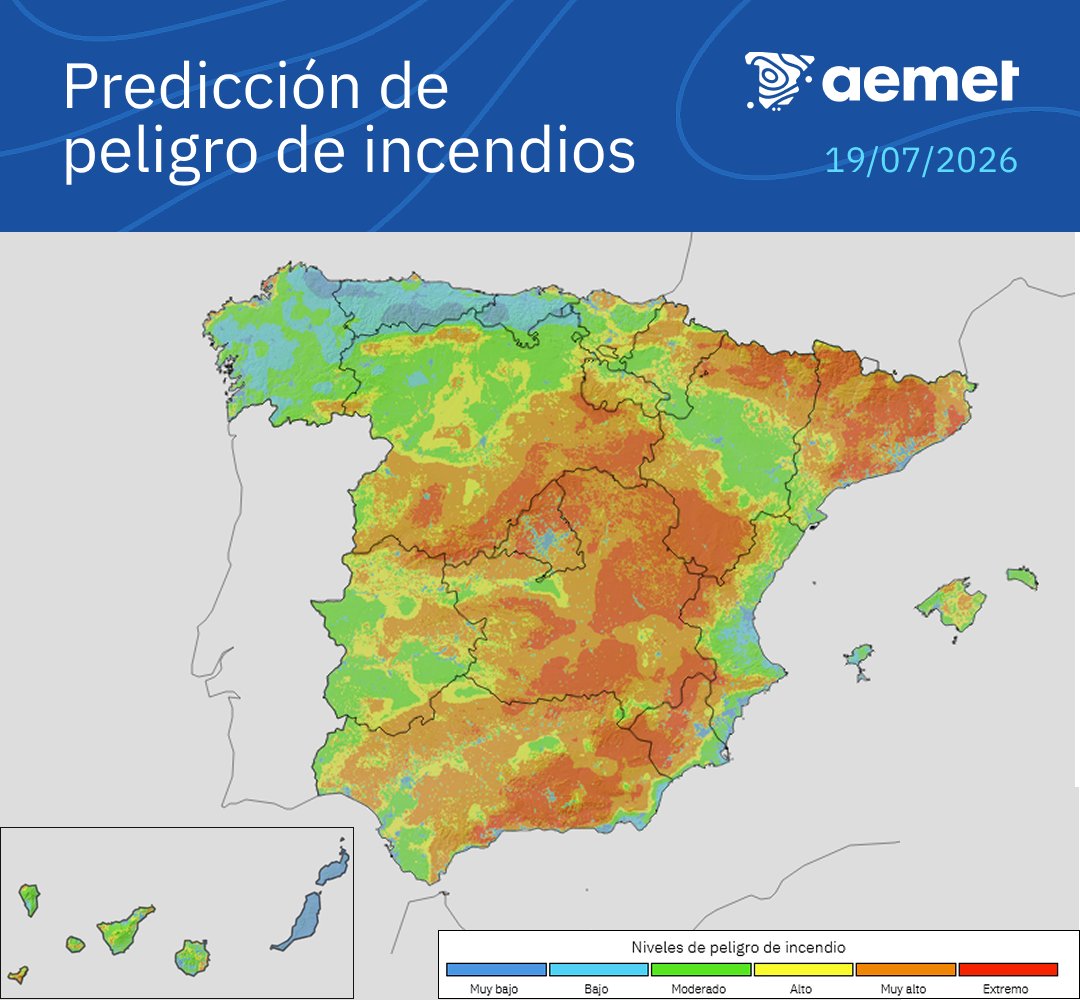 AEMET_Esp's tweet photo. 🌡️Estamos a las puertas de una nueva ola de calor que afectará a buena parte de la Península y Baleares.

🔥 A las temperaturas muy altas se suma la sequedad ambiental y la posibilidad de tormentas secas. Peligro de incendios muy alto o extremo en amplias zonas.

¡Precaución! https://t.co/C4X9pBmGun