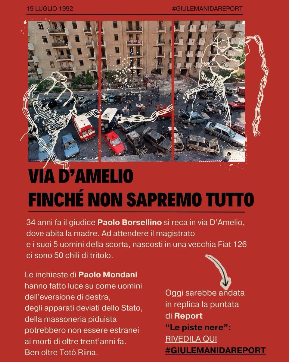 giuliainnocenzi's tweet photo. Oggi è l’anniversario dell’uccisione di Paolo Borsellino. Stasera su Rai3 era programmata l’inchiesta di Report “Piste nere”, sul possibile coinvolgimento di esponenti della destra eversiva. Non la vedrete perché la Rai ha sospeso le repliche estive
#giulemanidareport https://t.co/MG2bjNXxxH