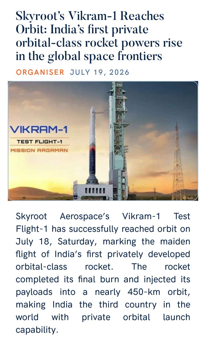 RakwalRagini's tweet photo. Skyroot’s Vikram-1 Reaches Orbit: India’s first private orbital-class rocket powers rise in the global space frontiers
https://t.co/3Tznm3sDbU

via NaMo App https://t.co/NAVU3uhd96