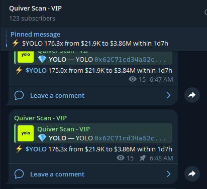 andreuxbt's tweet photo. Massive scan on quiver lol $YOLO hit 176x u gotta be kidding me, insane scans on this tg channel https://t.co/Z3vKfhY9WN
