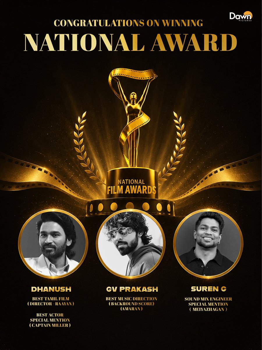 DawnPicturesOff's tweet photo. Congratulations to the National Award Winners who have brought home a lot of appreciation and respect🏆🎥

@dhanushkraja @gvprakash @valentino_suren https://t.co/u0BdokOVMs