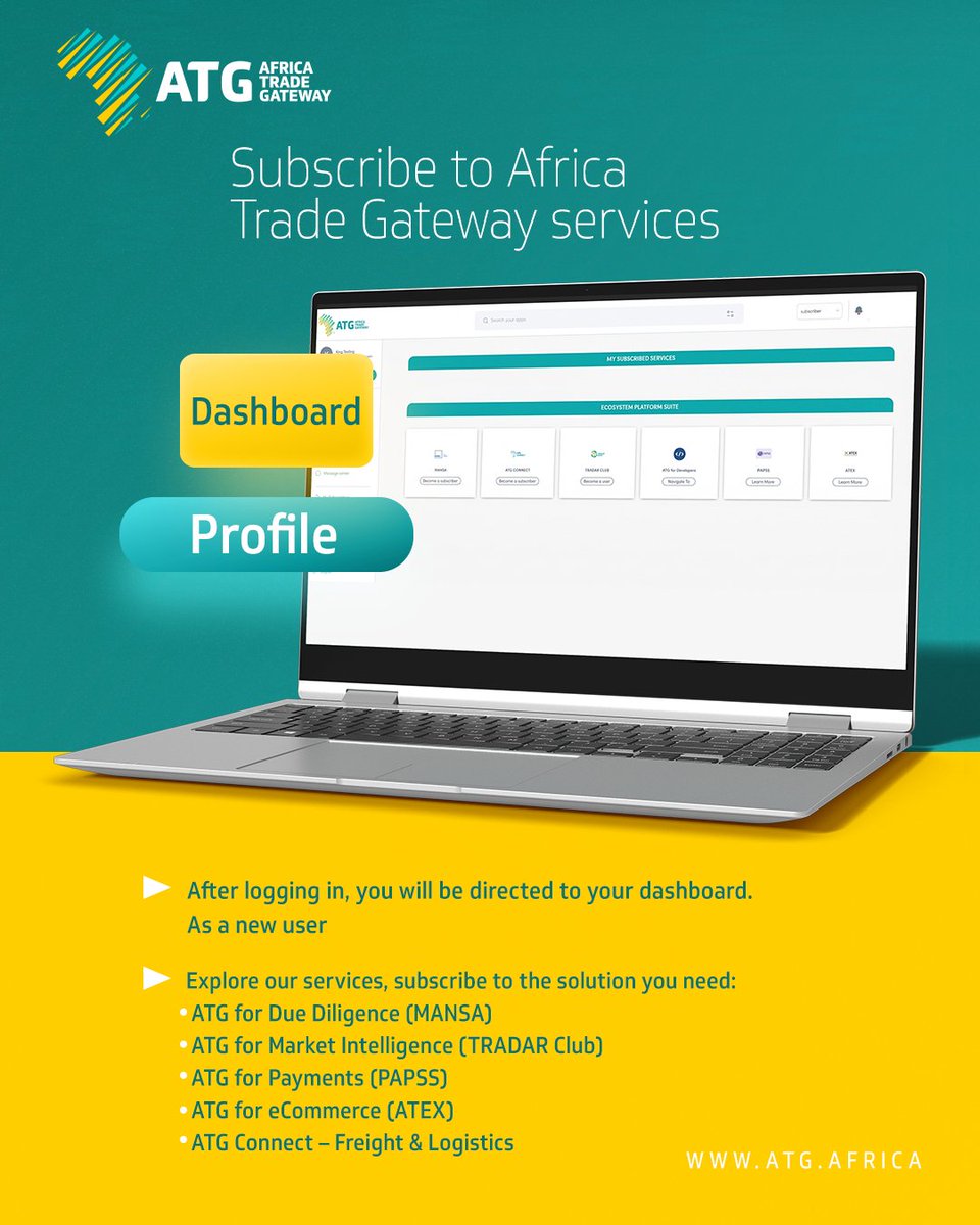 afreximdigital's tweet photo. Joining the Africa Trade Gateway ecosystem is simple.
From business verification to accessing services like our Trade Intelligence and MANSA Verification, our B2B marketplace offers a seamless onboarding experience that connects businesses to trusted partners, market intelligence, financing opportunities, and cross-border trade solutions, Ready to get started?
Register today and become part of Africa’s connected trade future.
Join us now through: https://t.co/ATm6RBDiXM
#ATG #ATEXAfrica #DigitalTrade #AfricaTradeGateway #Afreximbank