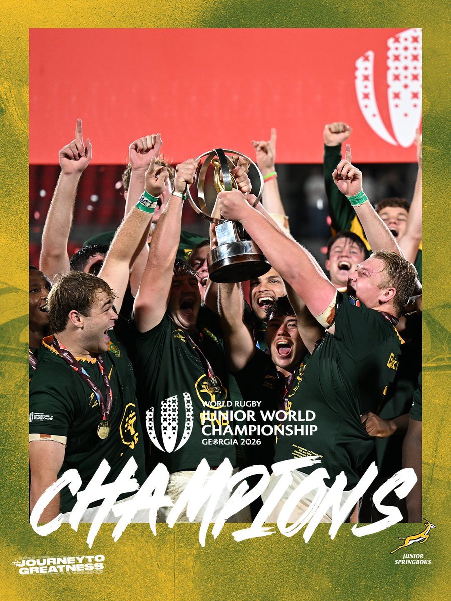 AfricaFactsZone's tweet photo. South Africa's Junior Boks defeat France 16-5 to win the 2026 World Rugby U-20 Championship.

They have now won the tournament back-to-back.

This is the third time they've won the trophy (2012, 2025 and 2026). https://t.co/he0J2XNHou
