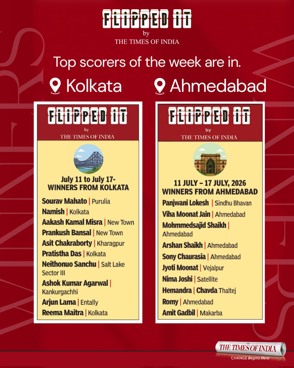 TOIBengaluru's tweet photo. A new week, a new leaderboard. Across cities, these players brought their fastest solves, smartest guesses & strongest streaks to the top of this week’s rankings.
Swipe to see who topped your city. Think you can make the next list? Get today’s #TOI, scan the QR & play #FlippedIt https://t.co/laLrWFz8Bt