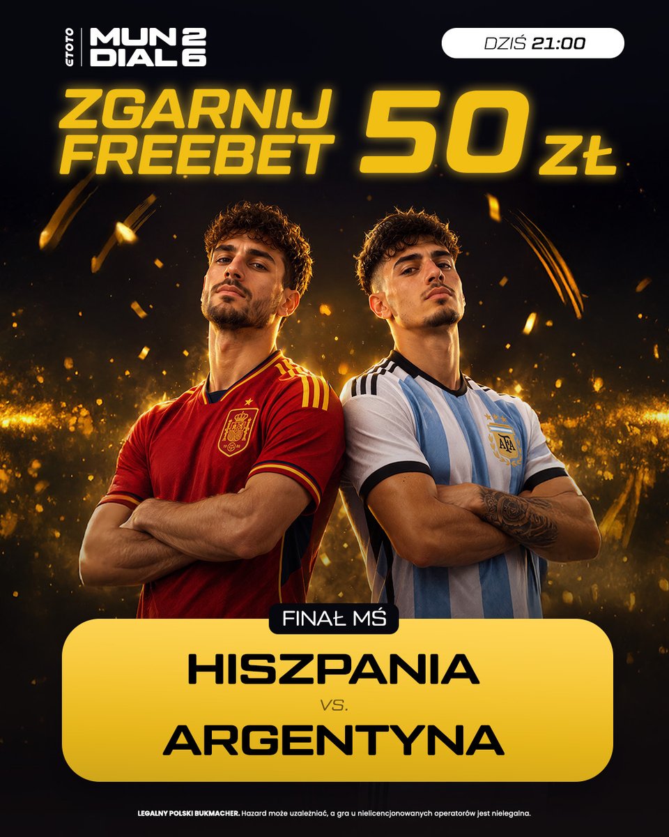 etotopl's tweet photo. 𝗞𝗢𝗡𝗞𝗨𝗥𝗦 🏆🇪🇸🆚🇦🇷

✍️ Wytypuj dokładny wynik i liczbę rzutów rożnych w finale Mistrzostw Świata: Hiszpania 🆚 Argentyna!
💰 Pierwsze 4 osoby, które trafią, zgarną Freebet 50 zł!
1️⃣ Jedna osoba może oddać tylko jeden typ. Czas do 21:00.

Pobierz aplikację ETOTO: https://t.co/qIADMnWwbI 📲

Regulamin: https://t.co/1OHQEZnIML