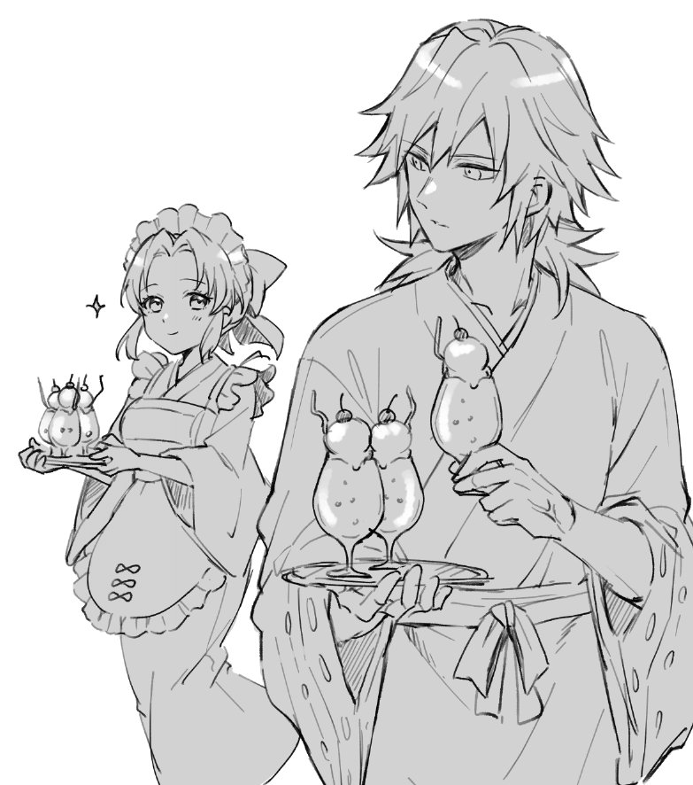 asumaomi's tweet photo. 自分のパフェいっぱいオーダーしてくれる客がいてドヤ顔なちのぶと、運ぶの手伝うフリして注文客がどんな奴か確認に行くセコム岡のらくがきです https://t.co/rviBqy31JU