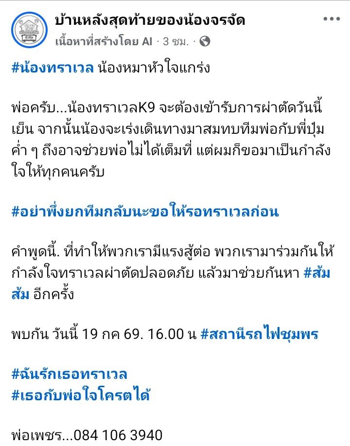 Noknoy46933430's tweet photo. #แมวหายบนรถไฟ

น้องทราเวล K9 ที่โดนรถชนขาหักระหว่างเดินทางมาช่วยค้นหาน้องสีส้ม  จะเข้ารับการผ่าตัดวันนี้เย็น แล้วน้องจะกลับมาช่วยหาสีส้มต่อ 🥹 ขอบคุณจากหัวใจ ❤️ ขอให้การผ่าตัดราบรื่น กลับมาแข็งแรงไวไวคับ

อย่าพึ่งยกทีมกลับนะขอให้รอทราเวลก่อน

(น่าจะเป็นประโยคจากผู้ดูแลน้องทราเวลที่ทำให้ทีมมีแรงสู้ต่อ)

16.00 น. จะมีการค้นหาน้องสีส้ม

ส่งกำลังใจให้พี่พี่ทีมค้นหาทุกท่าน ภาวนาให้เจอน้องสีส้มโดยเร็ว 🙏