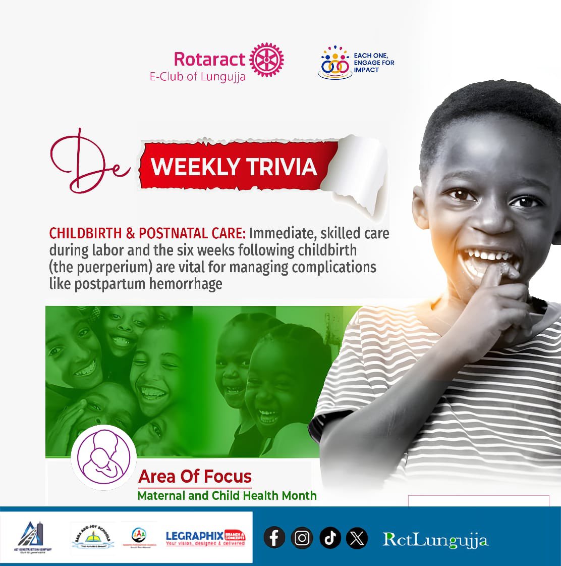 RctLungujja's tweet photo. 👩🏽🍼De Weekly Trivia | Maternal & Child Health Month
The first six weeks after childbirth are crucial. Timely postnatal care prevents complications, strengthens families through healthy newborns.
#DeWeeklyTrivia
#MaternalAndChildHealth
#RotaractELungujja
#EachOneEngageForlmpact https://t.co/TUydDUqbSl