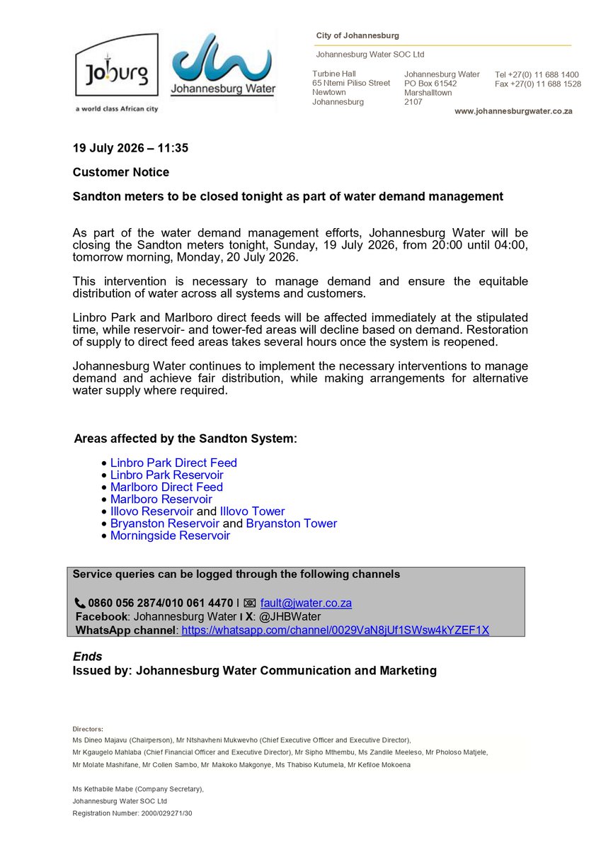 Official Johannesburg Water notice