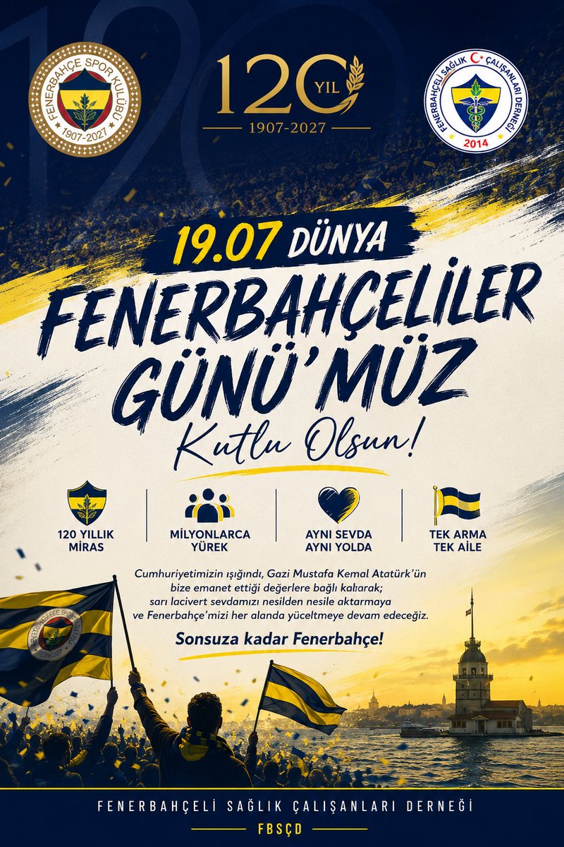 sagliktafener's tweet photo. 120 yıllık miras, milyonlarca yürek, tek arma…

Fenerbahçelilik; tarihine sahip çıkmak, Cumhuriyet değerlerinden vazgeçmemek ve sarı lacivert sevdayı nesilden nesile taşımaktır.

Biz de bu büyük ailenin bir parçası olmaktan gurur duyuyoruz.

19.07 Dünya Fenerbahçeliler Günü kutlu olsun!

Sonsuza kadar Fenerbahçe! 💛💙

#19Temmuz #DünyaFenerbahçelilerGünü #Fenerbahçe120Yaşında #TekArma #FBSÇD
