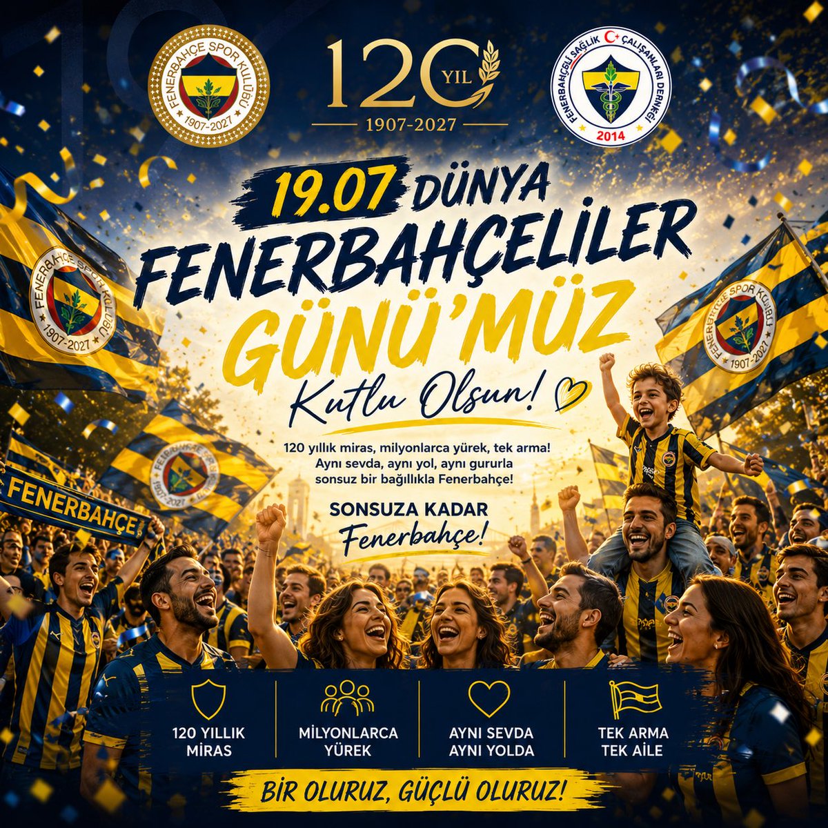 sagliktafener's tweet photo. 120 yıllık miras, milyonlarca yürek, tek arma…

Fenerbahçelilik; tarihine sahip çıkmak, Cumhuriyet değerlerinden vazgeçmemek ve sarı lacivert sevdayı nesilden nesile taşımaktır.

Biz de bu büyük ailenin bir parçası olmaktan gurur duyuyoruz.

19.07 Dünya Fenerbahçeliler Günü kutlu olsun!

Sonsuza kadar Fenerbahçe! 💛💙

#19Temmuz #DünyaFenerbahçelilerGünü #Fenerbahçe120Yaşında #TekArma #FBSÇD