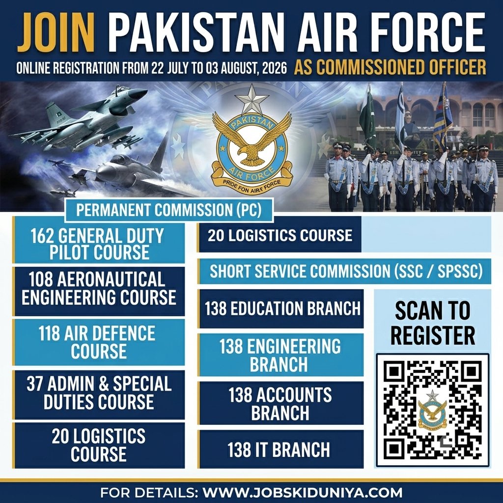 jobskdunya's tweet photo. βοΈ JOIN THE PAKISTAN AIR FORCE (PAF) AS A COMMISSIONED OFFICER! π΅π°
π How to Apply: For full details, visit: https://t.co/Bk4B8Pi3kT
#JoinPAF #PakistanAir Force #CommissionedOfficer #PAFJobs2026 #GD_Pilot #ServeWithHonor https://t.co/WfpnIYfZlc