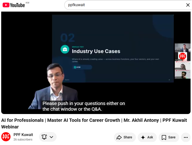 ppfkuwait's tweet photo. 🎥 Missed our AI for Professionals Webinar?
▶️ Watch the full session here:
https://t.co/3Z1UorSfuT
👍 If you found the session valuable, please Like, Comment, and Share the video.
#PPFKuwait #AIForProfessionals #ArtificialIntelligence #AI #ProfessionalDevelopment #CareerGrowth https://t.co/8kigzPSNKQ