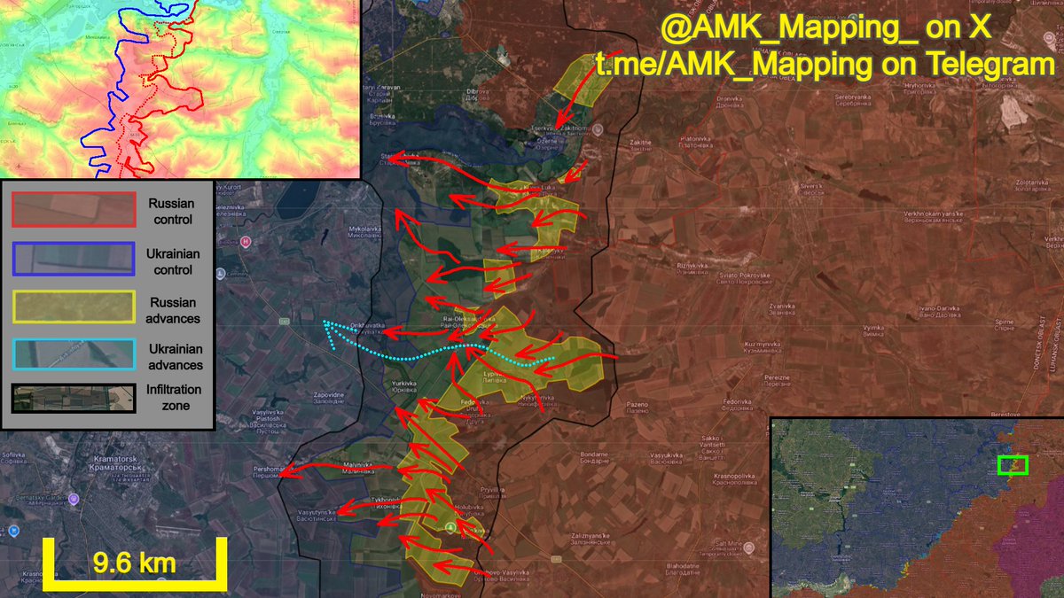 AMK_Mapping_'s tweet photo. Situation on the Kramatorsk & Slovyansk directions, Donetsk Oblast:

Over the last few weeks, Russian forces stepped up their offensive operations, and have made significant progress in the direction of Mykolaivka and Kramatorsk. 

In the south, Russian forces cleared the remaining parts of Minkivka and the strongpoints south of the village, before securing the entire eastern bank of the Siverskyi-Donets Canal in this area. Assault groups then crossed the canal, establishing a foothold on its western bank, and entered the villages of Malynivka and Tykhonivka. Some infiltrations have taken place even further west towards Vasyutynske and Pershomarivka, to within 5.5 km of the eastern outskirtsof Kramatorsk. 

To the north, the Russians cleared the section of highway northwest of Pryvillya and linked up with forces pushing west from Dibrrova, capturing additional positions along the eastern bank of the canal. Other assault groups began pushing north from Fedorivka Druha, establishing control over the forest, and are attempting to break through a Ukrainian FPV drone kill-zone towards Rai-Oleksandrivka from the south.

To the northeast, Russian forces recaptured the northern part of Nykyforivka and the village of Lypivka, and established control over the forests north of Lypivka. Other forces improved their positions in the forested gullies east of Rai-Oleksandrivka, forcing the Ukrainian formations in the strongpoints to the east to withdraw due to the risk of encirclement. From here, Russian forces have reached Rai-Oleksandrivka from the south and are attempting to clear the remaining treeline positions east of the town. In Rai-Oleksandrivka itself, Russian assault froups captured the town centre and advanced in the northern and southern parts of the town, with some infiltrators penetrating west towards Orikhuvatka. 

Further north, the Russians gained a foothold in the eastern part of the large forest north of Rai-Oleksandrivka and improved their positions in the trenches on the tactical heights northwest of Kalenyky. Other assault groups cleared the salient southeast of Kryva Luka as well as the pocket east of the village, and captured a number of positions along the tactical heights west of the village. Since then, Russian infiltrators have been penetrating deep behind Ukrainian lines up to the eastern outskirts of Mykolaivka, and throughout Pyskunivka to the eastern outskirts of Starodubivka. Furthermore, Russian forces once again recaptured the southern and central parts of Yampil, and are pushing south towards the northern outskirts of Ozerne. 

+ ~68.00 km² in favour of Russia.