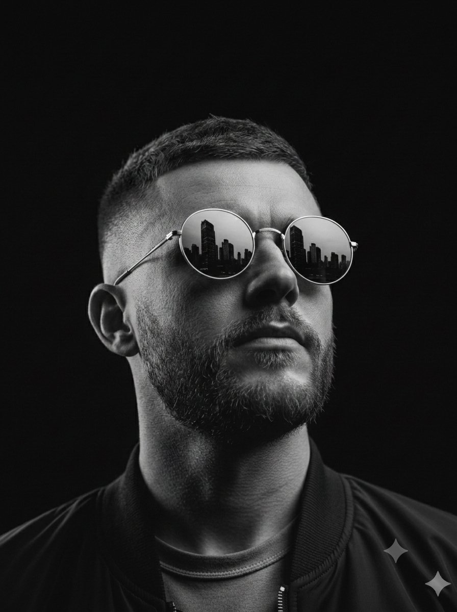 AI 生图提示词:A dramatic 3:4 portrait of a man with a sharp fade haircut and a short beard, lo
