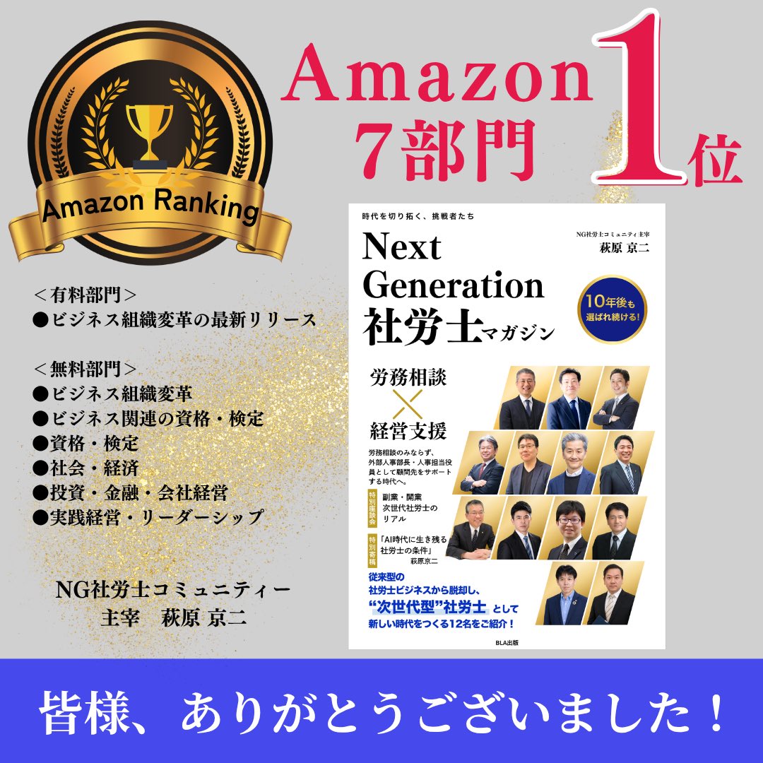 hama_office's tweet photo. 弊所が、社労士マガジンに取り上げられました！

発売初日にAmazonの7部門で
第1位を獲得することができました！🙇‍♂️

■ 無料ダウンロードキャンペーン
・通常価格：1,100円（税込）
・無料期間：7月16日（木）17:00 〜 7月20日（火）23:59 まで
・ダウンロードURL：https://t.co/dovWwXqOIm https://t.co/t2TTqfMBvi