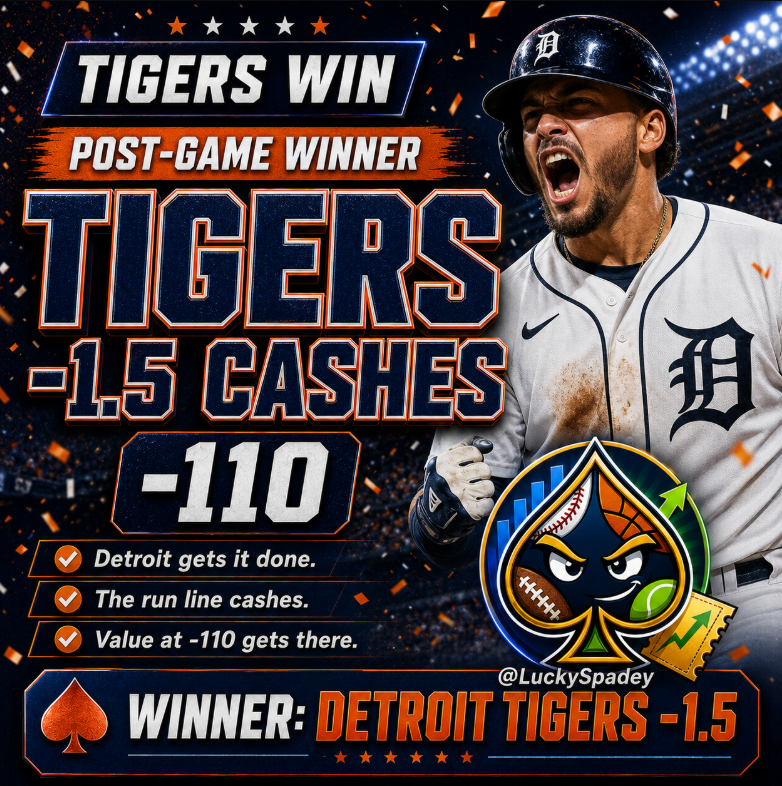 LuckySpadey's tweet photo. Tigers -1.5 CASHES ✅

Detroit gets it done and the run line clears at -110.

Back-to-back bounce after the streak ended. Just staying patient, picking the right spots, and letting the plays come to us.

#MLB #RepDetroit https://t.co/3WtAs5TDVX