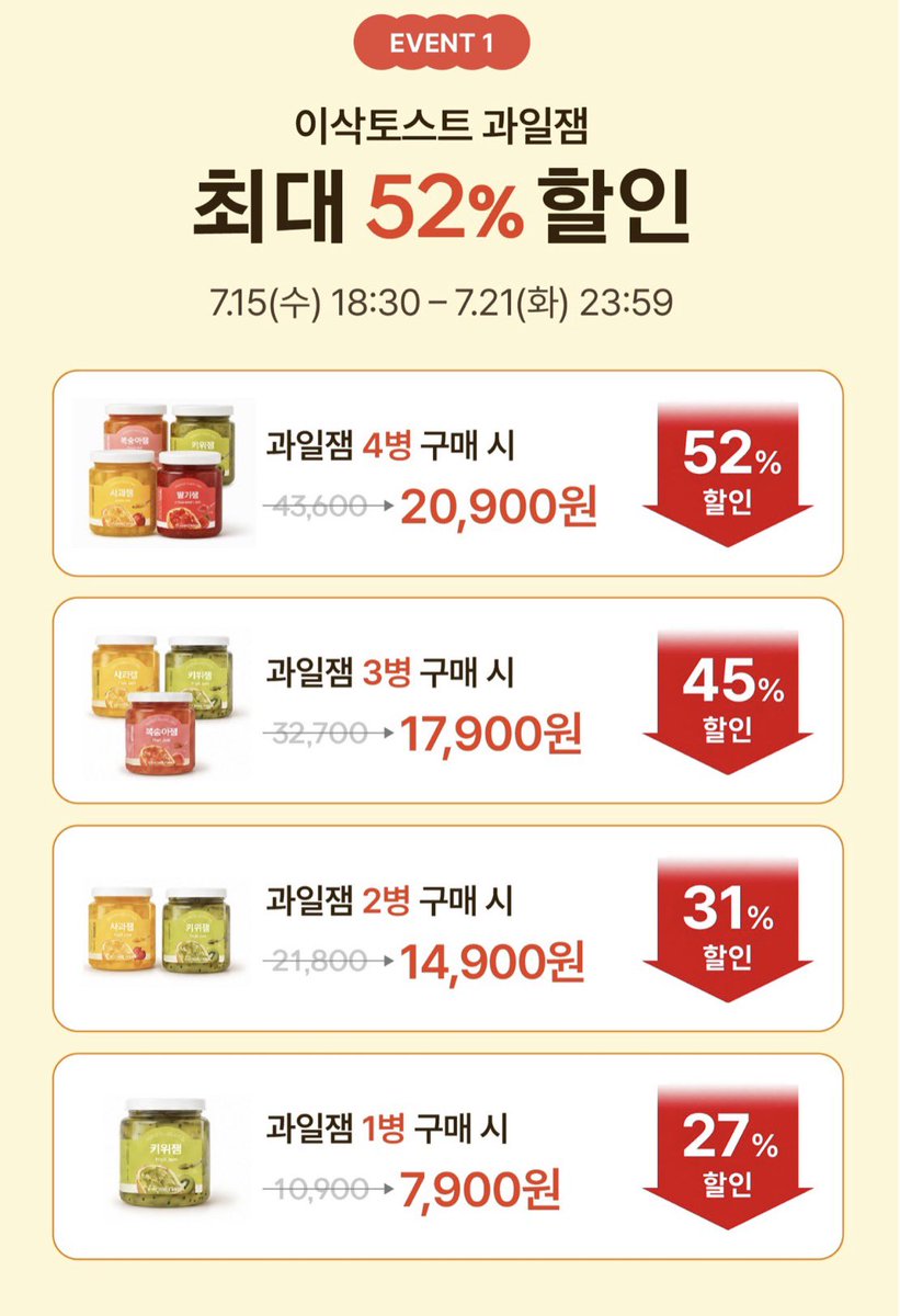 baguriee's tweet photo. 이삭토스트 잼을 할인한다는데요 아가시 
https://t.co/a0onzQgOaZ https://t.co/T8LJjhQhv6