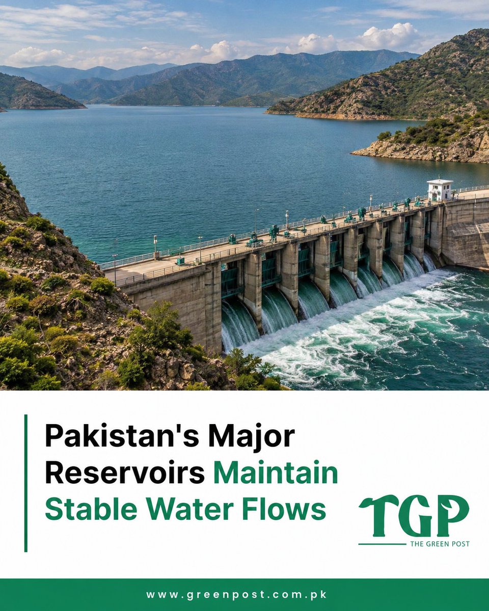 GreenPostpk's tweet photo. Pakistan's major reservoirs and barrages continue to report stable inflows and outflows, reflecting balanced river conditions and supporting Pakistan's water security.
Read more: https://t.co/E5qMw71SJ8
#TheGreenPost #WaterSecurity #Pakistan #IndusRiver #Reservoirs #Climate https://t.co/gg0gvgmAt2