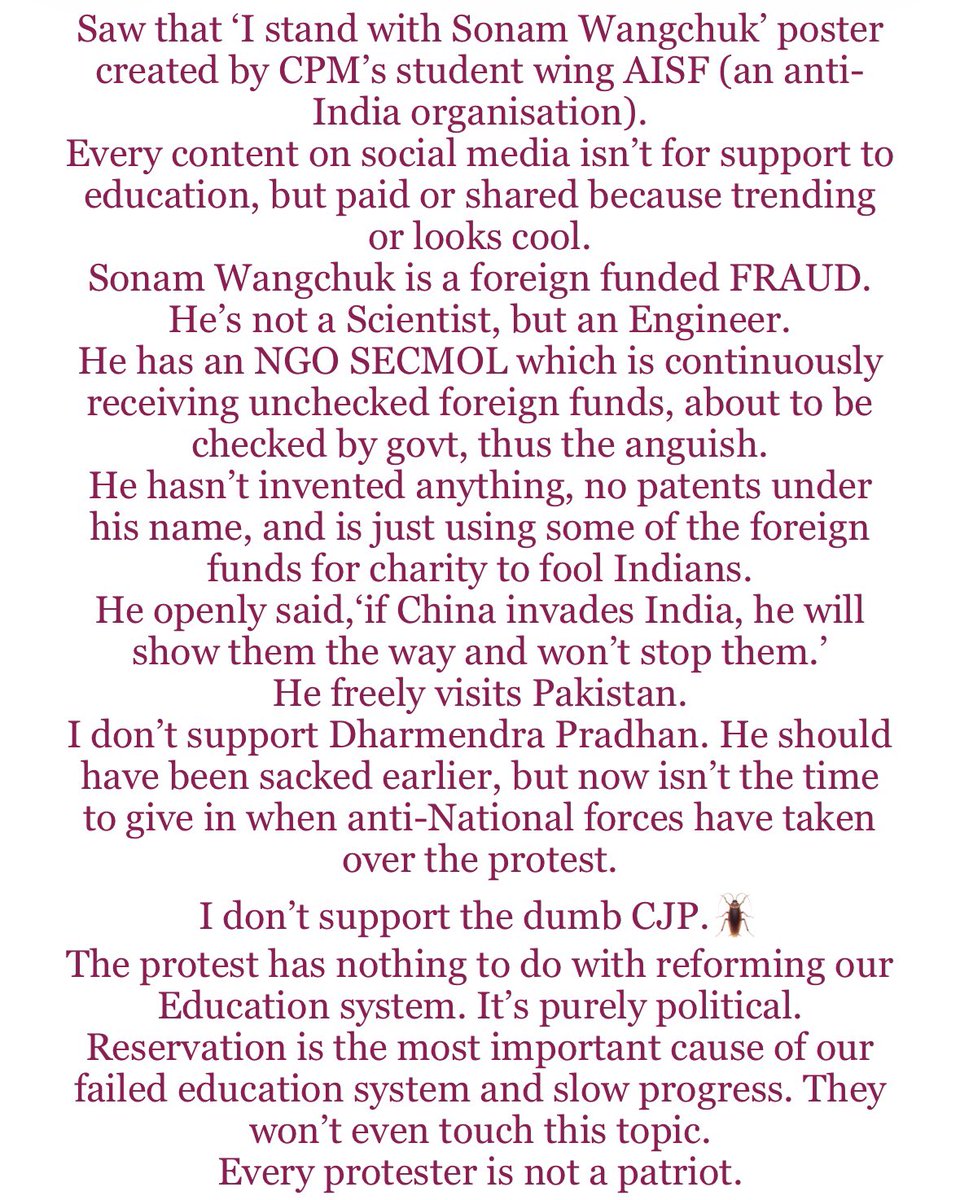 Amits_X's tweet photo. Sonam Wangchuk supporters - if you’re concerned about Education, protest against reservation in Colleges and Universities.
Merit should be the only criteria.✌🏼
#SonamWangchuk https://t.co/p5293dKz77