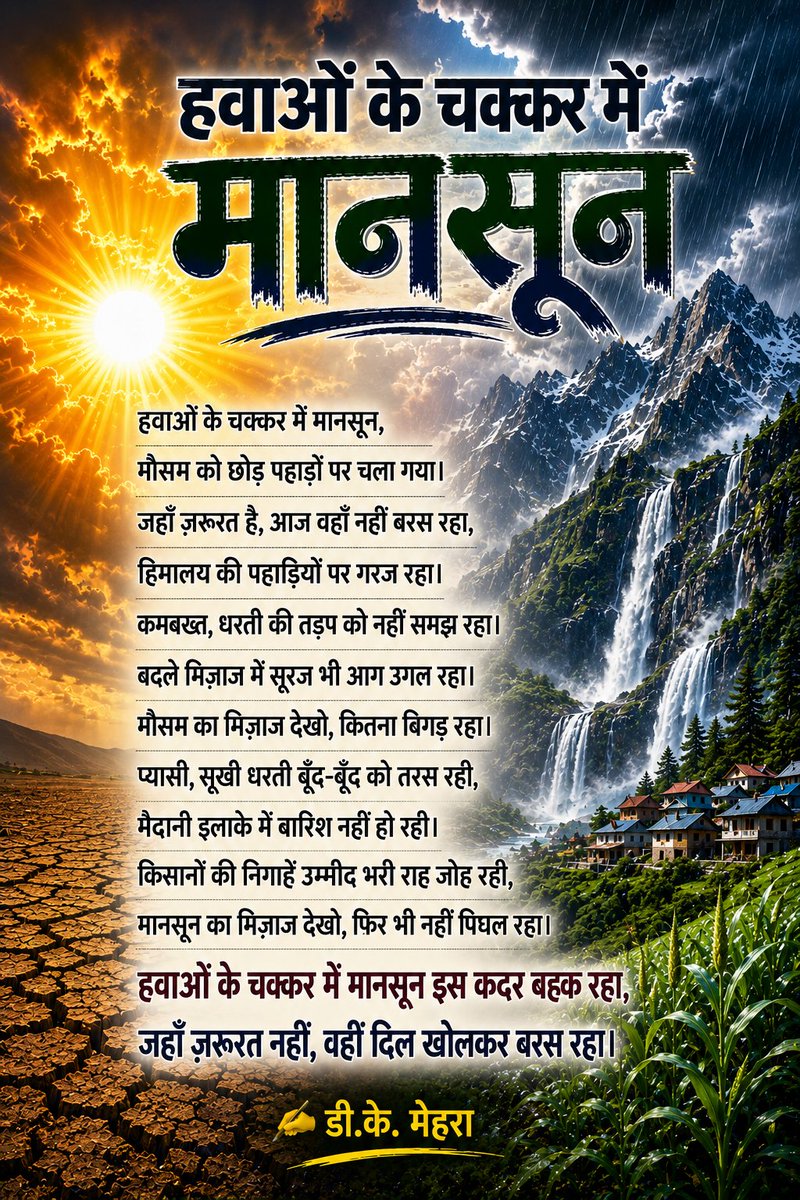 DKMehra_Classes's tweet photo. बदलते मौसम के मिज़ाज और मैदानी
इलाकों के किसानों की बेबसी को
देखकर कुछ पंक्तियाँ स्वतः ही कागज़ 
पर उतर आईं।

जहाँ ज़रूरत है,आज वहाँ नहीं बरस रहा मानसून...
मेरी इस नई रचना पर आप सभी सुधी 
पाठकों की प्रतिक्रियाओं और समीक्षा
का इंतज़ार रहेगा। सादर। 🙏🌾
#Monsoon #ClimateChange https://t.co/54eNWtRhmg