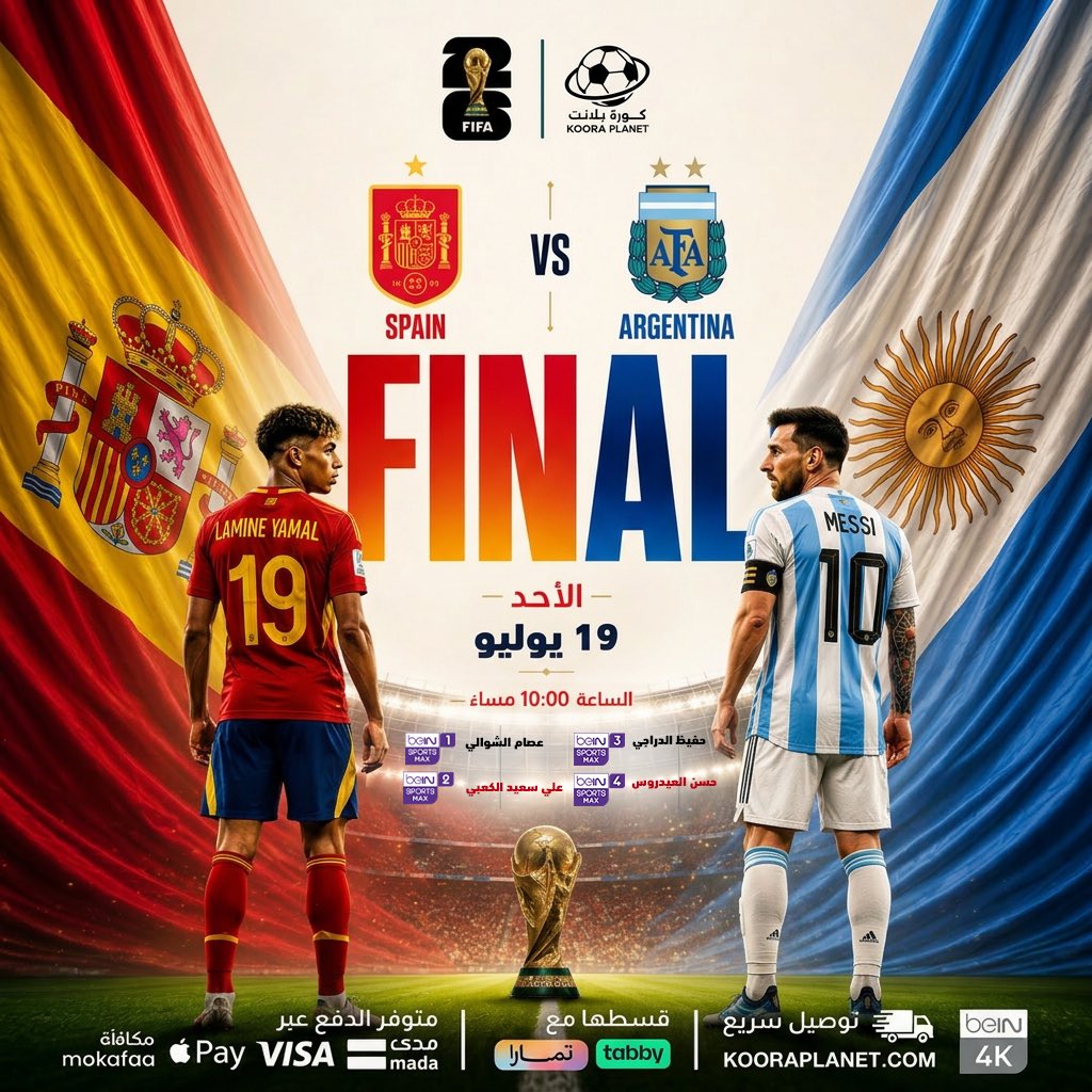 kooraplanet_sa's tweet photo. 🇦🇷 الأرجنتين x إسبانيا 🇪🇸 
📆 يوم الأحد 19 يوليو - الليلة
🏆 كأس العالم 2026م - الــنهــائـي 
⏰ 10:00م
🎙️ معلق المباراة: عصام الشوالي - 3 معلقين آخرين
📺 القناة: بي إن سبورت 1-2-3-4..

🔥توقعاتكم للنهائي التاريخي؟🔥 https://t.co/OGdAhAd8PP