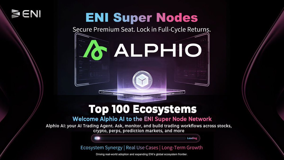 ENI__Official's tweet photo. 🚀 Welcome @AlphioAI to the ENI Top 100 Ecosystems as an official ENI Super Node!
As an AI-powered trading agent enabling natural language trading, workflow automation, and 24/7 market intelligence, Alphio AI brings powerful AI innovation and real-world utility to ENI’s expanding ecosystem.
Together, we’ll accelerate AI × Web3 adoption, unlock more intelligent on-chain applications, foster ecosystem collaboration, and drive the next wave of decentralized innovation. The future of AI-powered Web3 starts here. 🔥
#ENI #SuperNode #AI #Web3