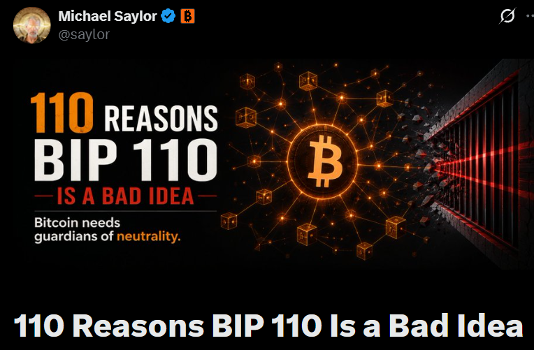 akshoydasss's tweet photo. JUST IN: Michael Saylor rejects BIP-110, says Bitcoin should remain neutral, not censor transactions.

#BTC #CRYPTO #STRC #BIP https://t.co/GZB9iXd117