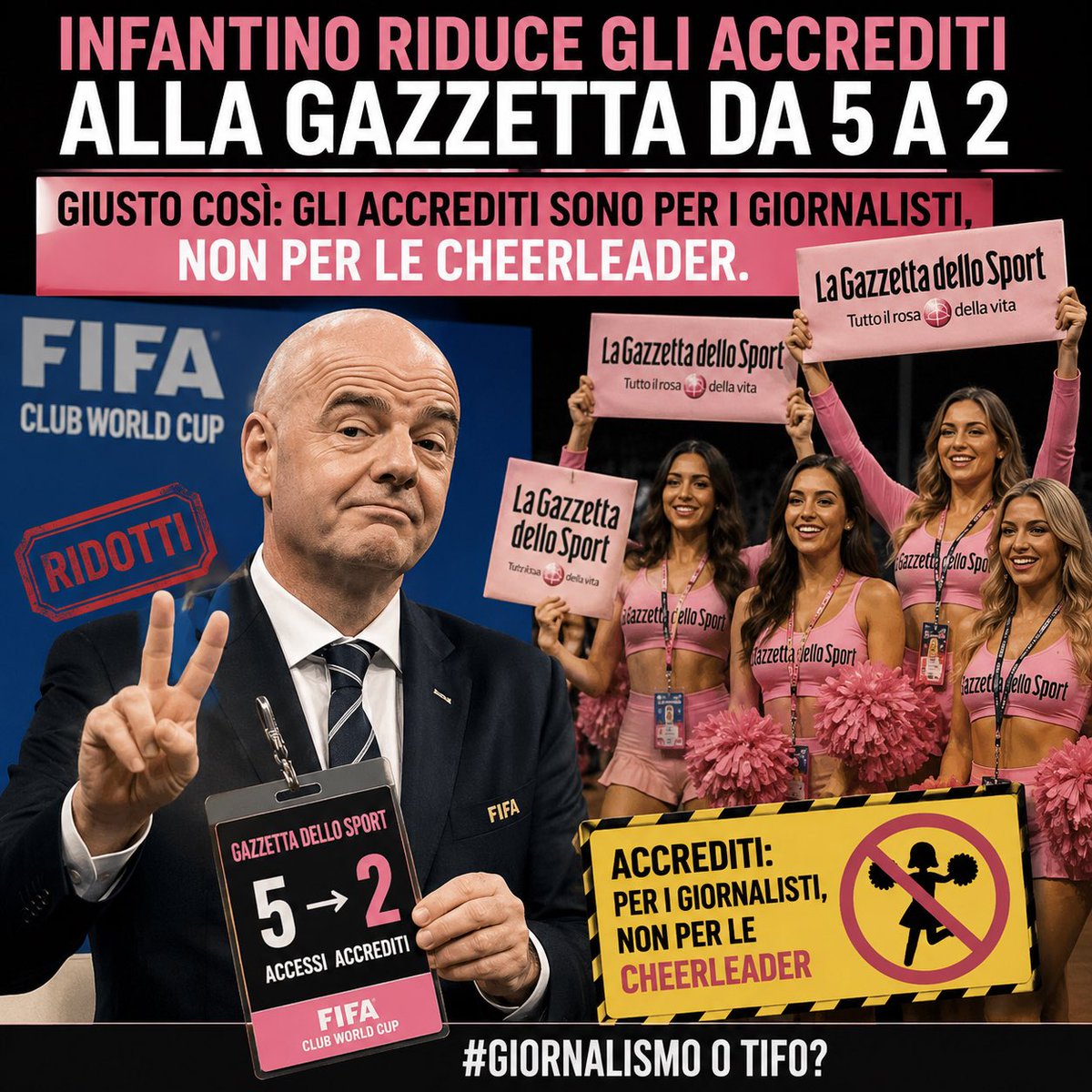 ZZilianismo's tweet photo. #Infantino taglia gli accrediti alla @Gazzetta_it. Da 5 a 2.
Probabilmente si è accorto che il regolamento parla di giornalisti.
Non di #cheerleader.
Severità.
RT se sei d’accordo.
#Spagna #ArgentinaVsEspaña #Argentina #Inter https://t.co/snXVh5dlgO