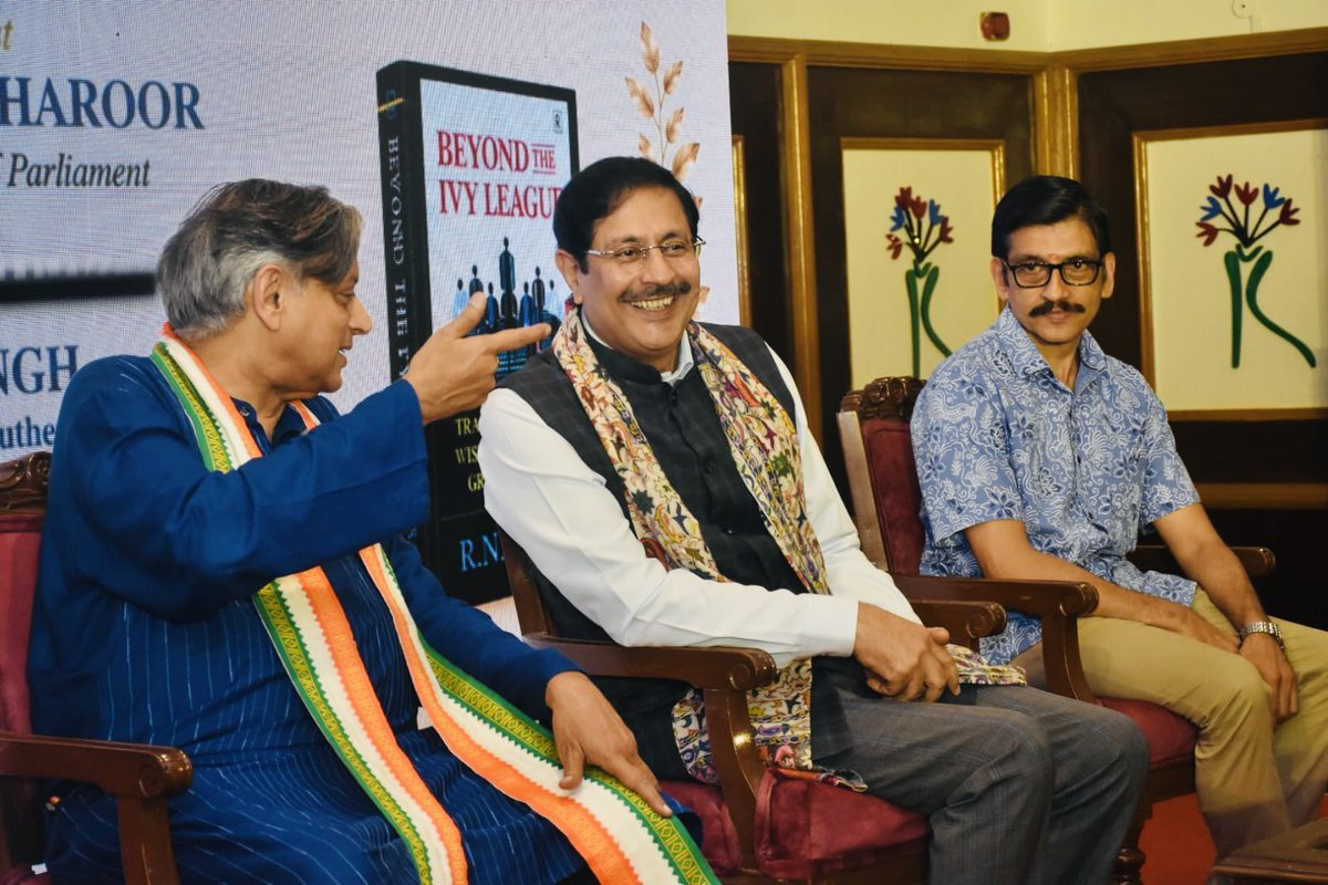 ShashiTharoor's tweet photo. Enjoyed releasing a new book, “Beyond the Ivy League”, by RN Singh, outgoing General Manager of @GMSRailway and a legendary administrator renowned for his innovations, including railway modernisation and freight logistics. 

I inflicted at some length on the assembled audience my own views and philosophy of leadership, which seemed largely to accord with the vision in his book!

Aditya Varma of the Royal House of Travancore joined the event, together with Divyakant Chandrakar, DRM of the Trivandrum Railway Division.