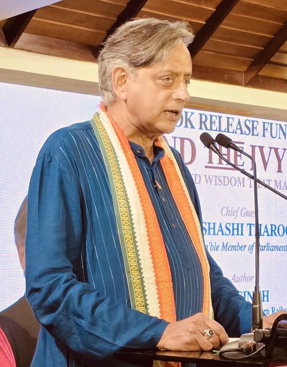 ShashiTharoor's tweet photo. Enjoyed releasing a new book, “Beyond the Ivy League”, by RN Singh, outgoing General Manager of @GMSRailway and a legendary administrator renowned for his innovations, including railway modernisation and freight logistics. 

I inflicted at some length on the assembled audience my own views and philosophy of leadership, which seemed largely to accord with the vision in his book!

Aditya Varma of the Royal House of Travancore joined the event, together with Divyakant Chandrakar, DRM of the Trivandrum Railway Division.