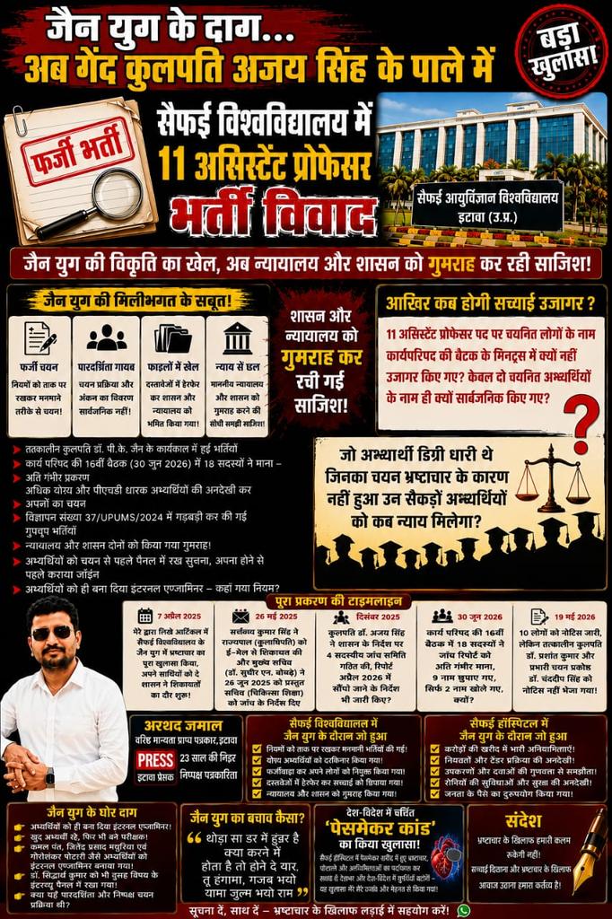 arshadj79815373's tweet photo. @myogiadityanath  माननीय मुख्यमंत्री जी सैफई विश्वविद्यालय मे हुई इन नियमविरुद्ध  फर्जी नियुक्तियों पर जाँच गठित कर कार्यवाही करने का कष्ट करे,विश्वविद्यालय की कार्यपरिषद द्वारा 30जून 26 को यह नियुक्तिया नियम विरुद्ध होना पायी गयी है
@brajeshpathakup 
@CMOfficeUP 
@ugc https://t.co/Cn5d6fCfen