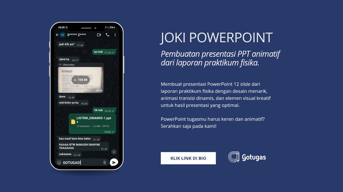 GoTugasID's tweet photo. TESTI JOKI POWERPOINT

☞ Pembuatan presentasi PPT animatif dari laporan praktikum fisika https://t.co/XTy9Ys1RsE