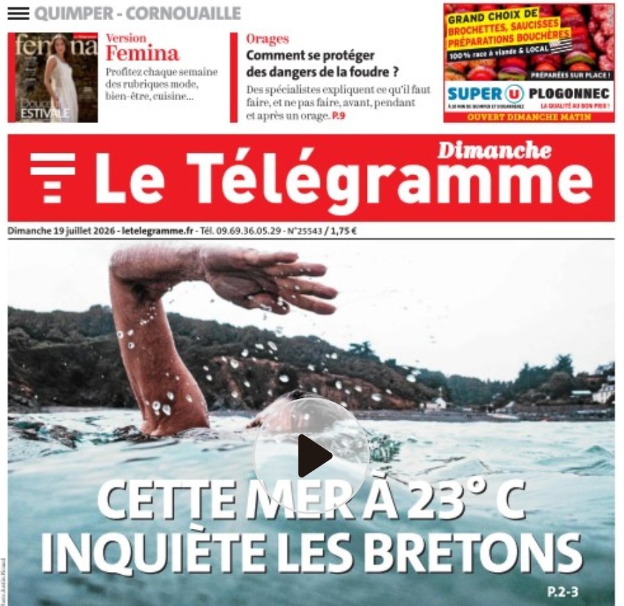 brigittelecam's tweet photo. Voici la Une du Télégramme de ce jour.
Bien sûr les baigneurs sont heureux  de nager dans une eau aux températures méditerranéennes mais quelles sont les conséquences de ce réchauffement de la mer sur toute la chaîne des organismes qui y vivent ? https://t.co/ARS2kPx9hi