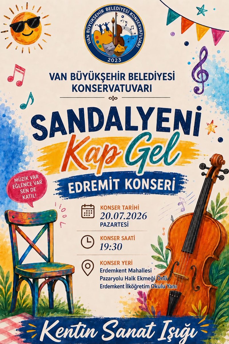 ikramkali's tweet photo. VAN BÜYÜKŞEHİR BELEDİYESİ KONSERVATUVARI 
YAZ KONSERLERİ
EDREMİT ERDEMKENT’TE
SANATSEVERLERLE

20 TEMMUZ 2026
Pazartesi 
19.30
Pazaryolu Halk Ekmek Fab.
Erdemken İlköğretim Okulu Yanı https://t.co/DI9dy2DlxN
