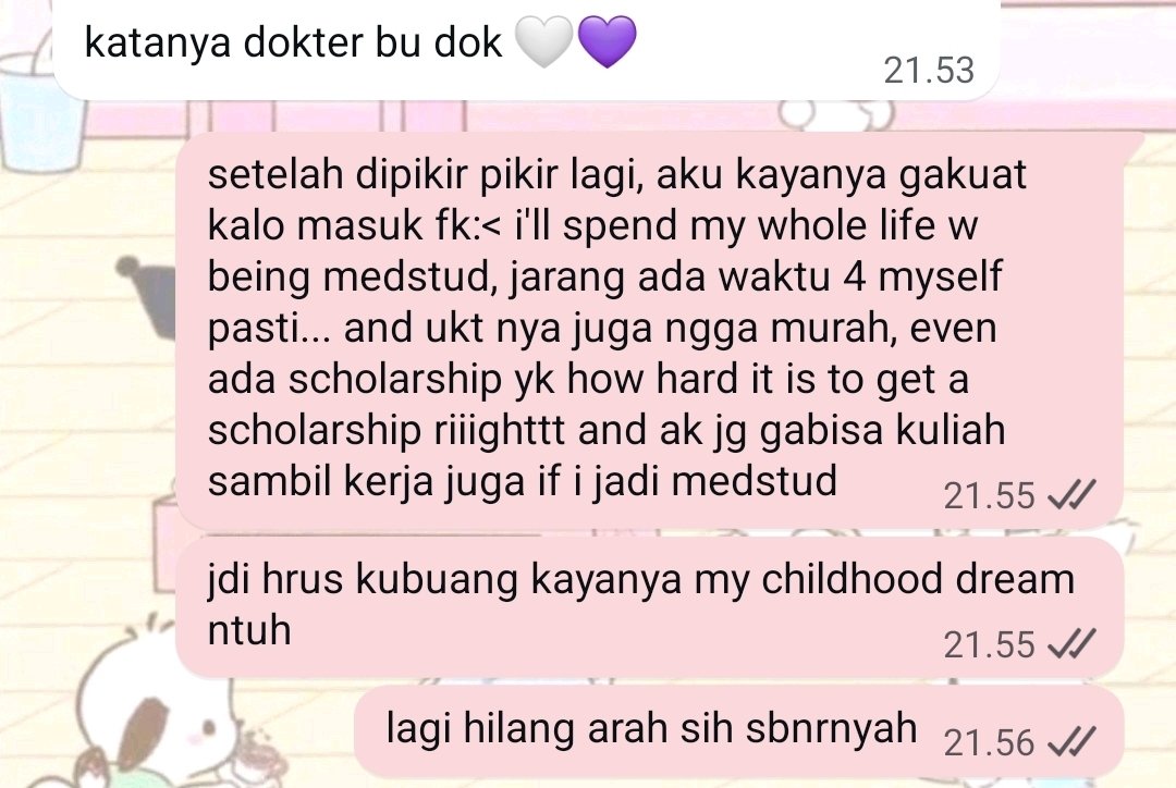 annahwombsy's tweet photo. i told everyone im gonna be a medstud, tapi after years dan berpikir lagiii kayanya aku ga siap kalo jdi metstud:(( gapapa yaa in another life fk🫶🏻🫶🏻 https://t.co/I2GCMaRpec