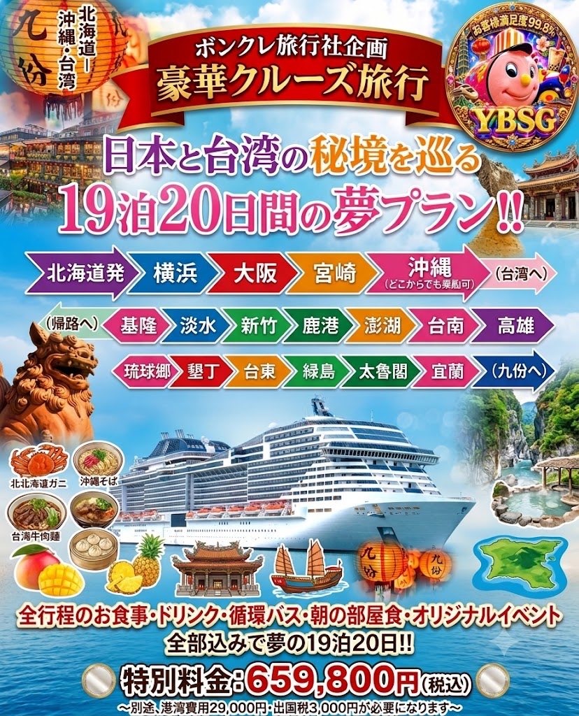 bonkuretaiwan's tweet photo. 妄想クルージング会社
ボンクレ旅行社がお送りする
「台湾ぐるっと一周！」
15箇所巡るゆったり19泊20日間の夢プラン！
船内のお食事、船内ドリンク、循環バス、朝の部屋食、オリジナルイベント全部込みで
なんと659,800円〜！！
〜なお別途、港湾費用29,000円・出国税3,000円が必要になります〜 https://t.co/nMMoM4UnuV