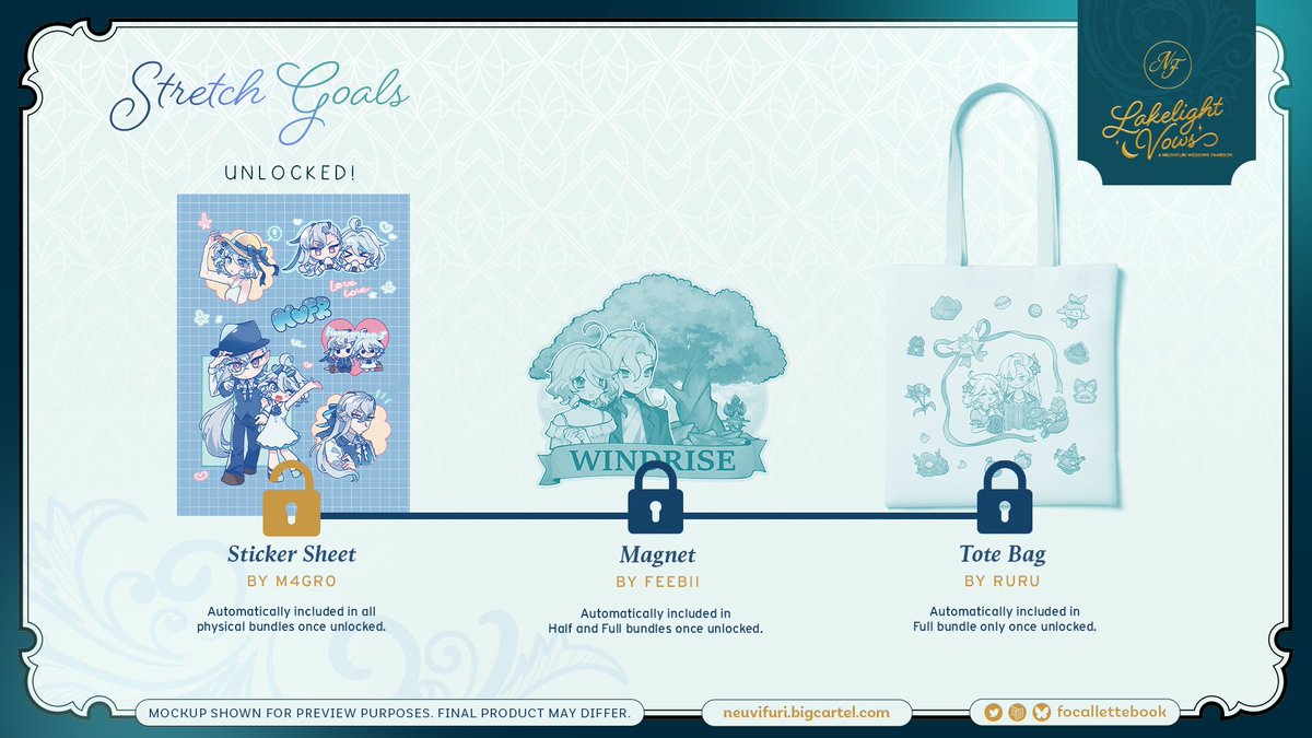 focallettebook's tweet photo. 💍 STRETCH GOAL UNLOCKED 🤍

Thanks for all the RSVPs, NVFRs!

We're beyond ecstatic to announce that our first stretch goal has now been unlocked 💼✨️ All physical Vol.2 bundles will now include this precious honeymoon-themed sticker sheet by our guest artist @RTx_00g 💙 https://t.co/4KYW5LCVbd