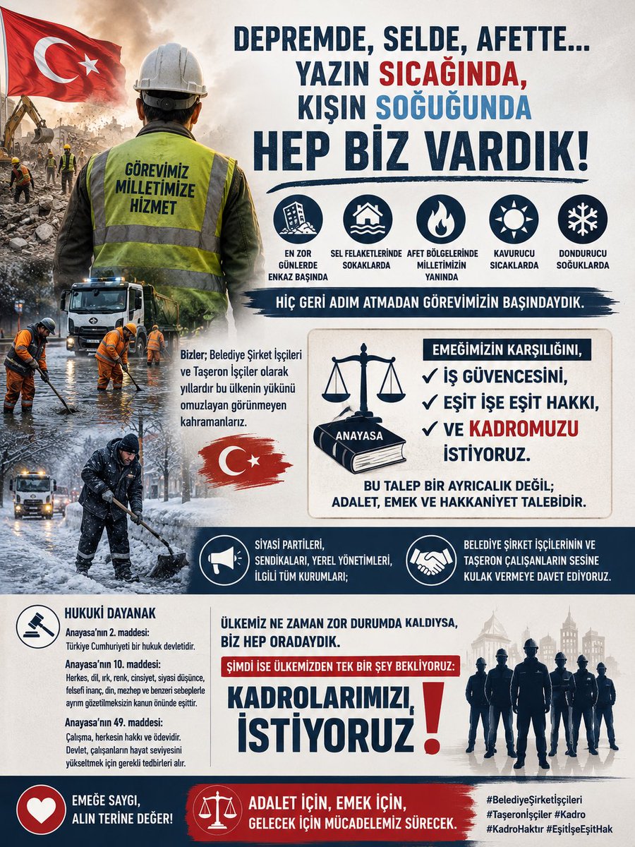 tlnozr44's tweet photo. Belediye şirket işçileri ve taşeron çalışanların kadro talebi, herhangi bir ayrıcalık talebi olmayıp Anayasa’nın eşitlik ilkesi,sosyal devlet  ilkesi ve çalışma hakkı kapsamında değerlendirilmesi gereken meşru bir emek talebidir.

Kamu hizmetlerinin kesintisiz ve etkin biçimde yürütülmesinde yıllardır görev yapan emekçiler; deprem, sel, yangın, salgın ve benzeri olağanüstü durumlarda devletin ve milletin yanında yer almış, kamu hizmetinin sürdürülebilirliğine önemli katkı sağlamıştır.

Aynı işi yapan çalışanlar arasında ortaya çıkan özlük hakları ve iş güvencesi farklılıklarının giderilmesi; çalışma barışının güçlendirilmesi, kamu hizmetinin etkinliğinin artırılması ve sosyal adaletin sağlanması bakımından önem arz etmektedir.

Bu çerçevede;

✅İş güvencesinin güçlendirilmesi,

✅Eşit işe eşit hak ilkesinin hayata geçirilmesi,

✅Belediye şirket işçileri ve taşeron çalışanların kadro taleplerinin hukuki ve hakkaniyet temelinde değerlendirilmesi,

sosyal devlet ilkesinin ve adalet anlayışının doğal bir gereğidir.

Tüm yetkili kurumları ve karar vericileri, hukuk devleti ilkeleri doğrultusunda emekçilerin bu haklı talebine gerekli duyarlılığı göstermeye davet ediyoruz.

#EmekOrtakDeğerimizdir🇹🇷
#TaşeronaSon 
#BelediyeŞirketİşçileriNormKadroİstiyor