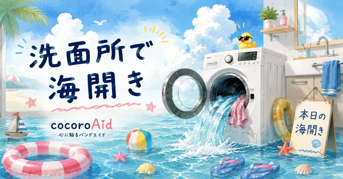 cocoroAid's tweet photo. 今日、我が家の洗面所で海開きしました🌊

ドラム式洗濯機のエラー
フィルターを外した瞬間…

洗面所が・・・🤣

居間にいた長男を緊急招集！

今日は心理のお話はお休み😊
クスッと笑ってもらえたら嬉しいです。
#note

（記事はこちら👇）
https://t.co/SakDmhxaYT https://t.co/Prg0cep0a2