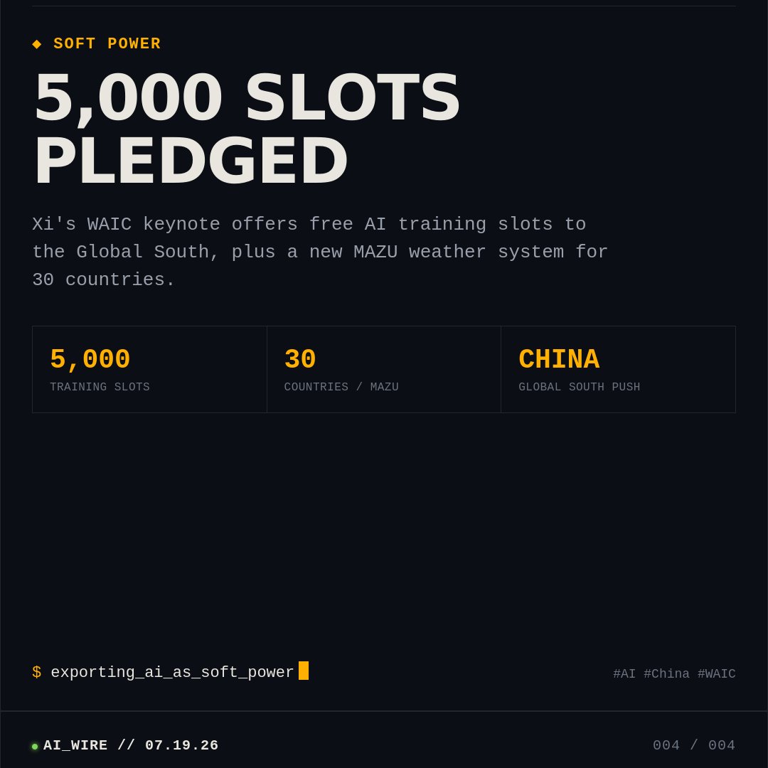 digitaltrikaal's tweet photo. Xi's WAIC keynote wasn't just words —
5,000 free AI training slots pledged for the Global South.
Plus a new MAZU weather system for 30 countries.
China is exporting AI infrastructure as soft power.
#AI #China #WAIC #Geopolitics https://t.co/2tOjA1vJ6T