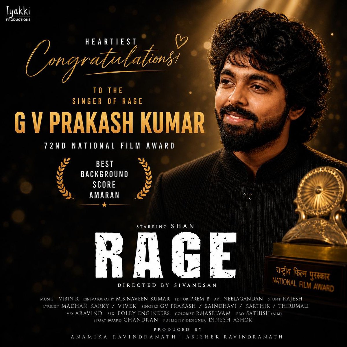 Sivanesan_Dir's tweet photo. Congratulations @gvprakash Sir won the 72nd National Film Award for Best Background Score (Amaran) 

Wishing you many more milestones ahead. Proud moment! 
– Team RAGE 

@iyakkipro #Rage #ரேஜ் https://t.co/9xHXGXBsup