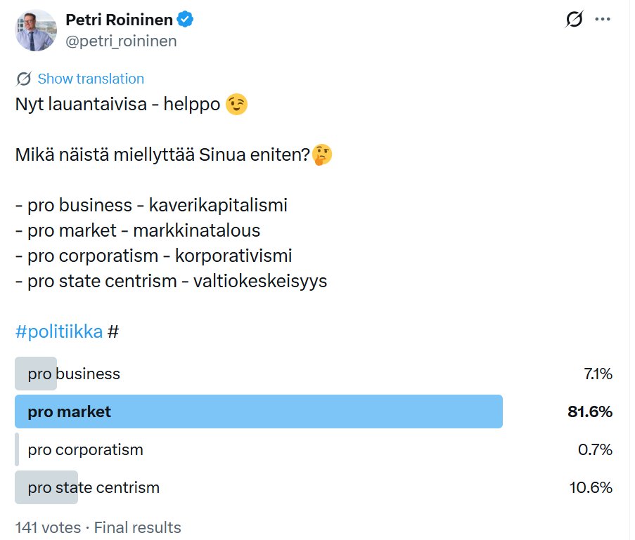 petri_roininen's tweet photo. Valtiokeskeisyyden korvaaminen kaverikapitalismilla tai korporativismilla ei paljoa auta - kyllä sen PRO MARKET olla pitää!

Kiitos vastaajille!

#markkinatalous #promarket https://t.co/0Ms2H0JBhe