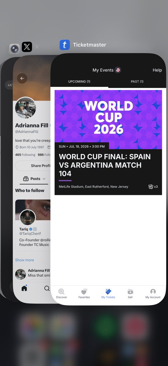 AdriannaFill's tweet photo. Can't make the FINAL today! Heartbroken to sell my 3 World Cup Final tickets together.
MetLife Stadium, July 19
Section [306], Row [20], 3 seats together
Instant transfer via official Ticketmaster app, proof available
Selling at [face value / best offer]
DM me ASAP, first come first served. Can split if needed but prefer to sell together.
#WorldCup2026 #WorldCupFinal #FIFAWorldCupFin