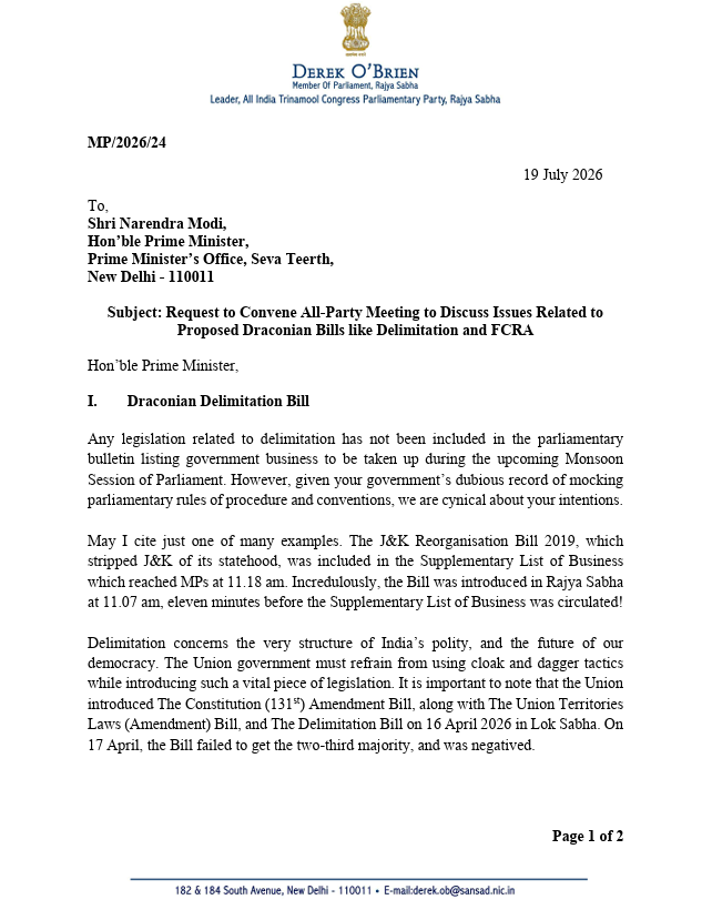 ANI's tweet photo. TMC MP Derek O'Brien writes to Prime Minister Narendra Modi "requesting to Convene All-Party Meeting to Discuss Issues Related to Proposed Draconian Bills like Delimitation and FCRA" https://t.co/HytKozJGsr