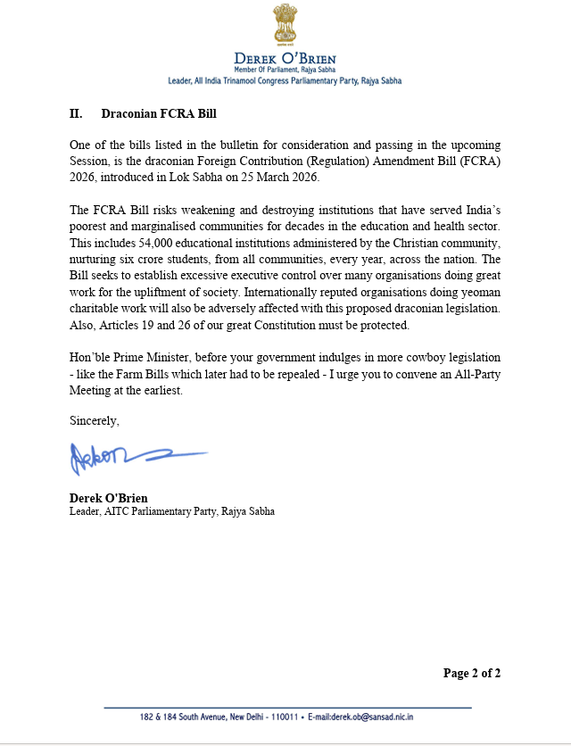 ANI's tweet photo. TMC MP Derek O'Brien writes to Prime Minister Narendra Modi "requesting to Convene All-Party Meeting to Discuss Issues Related to Proposed Draconian Bills like Delimitation and FCRA" https://t.co/HytKozJGsr