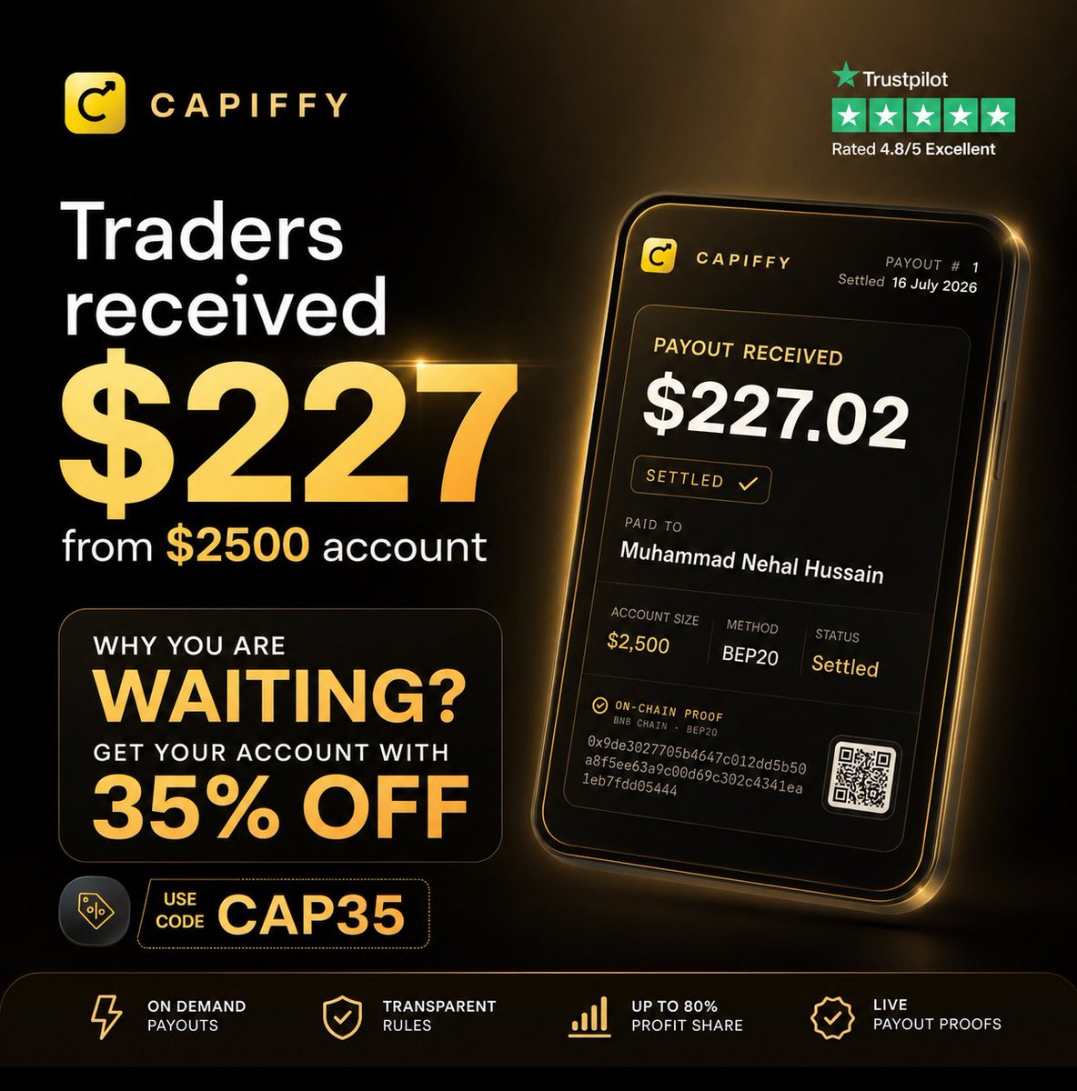 CapiffyFunding's tweet photo. 🚀 Another impressive result from a Capiffy trader!
A trader turned a $2,500 Instant Account into a $227 payout — that’s over 1000% ROI on the account fee. 💰
Trade smart. Stay consistent. Get rewarded.
#Capiffy #ForexTrader #FundedTrader #PropFirm #TradingSuccess #PayoutProof https://t.co/h3Y7DFUnL8