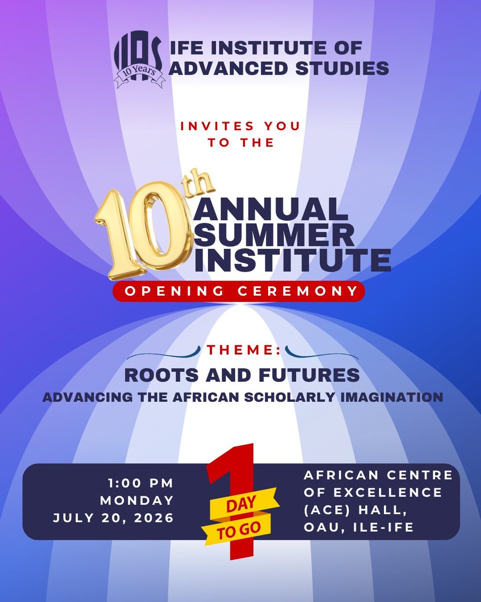 ifeias's tweet photo. 1 Day To Go!!!
The 10th Annual IIAS Summer Institute opens with conversations on "Roots and Futures: Advancing the African Scholarly Imagination"
The Opening Ceremony is open to the public.
Joining virtually?
Watch live: https://t.co/CkS38HZyE8
#IIAS #IIASAtTen https://t.co/9XC22dQFL6