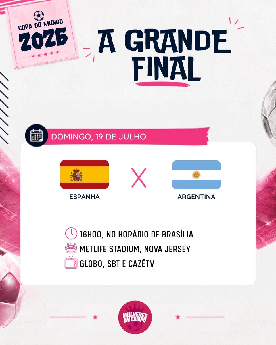 blog_mec's tweet photo. The Last Dance!

Bem amigos, acabou! Chegamos ao último dia de Copa do Mundo. E após um confronto eletrizante pelo terceiro lugar - que ficou com a Inglaterra após um jogo com 10 gols - neste domingo (19), estamos muito próximos de assistir a mais um duelo de tirar o fôlego.

E para essa despedida em grande estilo da maior Copa do Mundo de todos os tempos, o embate é entre Espanha e Argentina. O jogo será às 16h (horário de Brasília), no Metlife Stadium, em Nova Jersey.

De um lado, a La Roja chegou de mansinho, eliminou uma das favoritas na semifinal e agora quer o bicampeonato. De outro, a Albiceleste busca defender a sua taça de 2022 e quer o tetracampeonato. Além disso, os argentinos querem se despedir de Lionel Messi, que joga a sua última copa do Mundo.

E aí torcedor, pra quem vai a sua torcida?

#MECnaCopa #fifaworldcup #copadomundo2026 #final