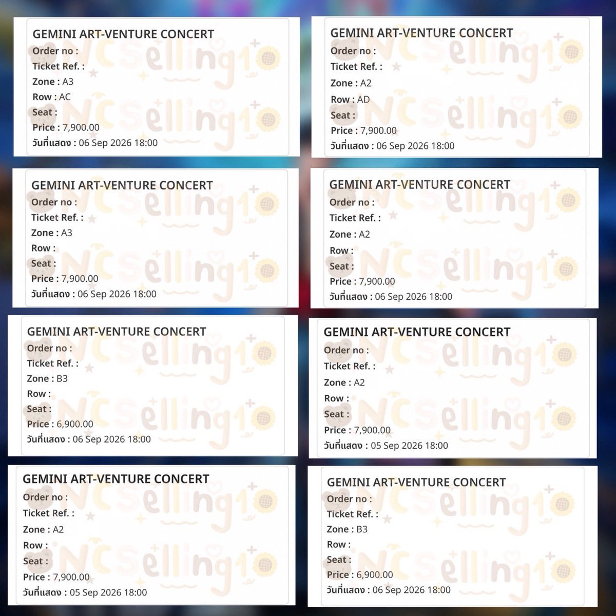 Ncselling1's tweet photo. ✿ #GeminiConcert ✿

シ บัตร7900 = 6 ใบ
シ บัตร6900 = 2 ใบ

♡ รวมทั้งหมด =  8 ใบ ♡

───────•°❀°•───────

♡‧:❉: ขอบคุณที่ใช้บริการค่ะ :❉:‧♡
▃ ▄ NOT for Sell, SOLD OUT ▄ ▃ 

#ผลงานกดบัตรNCSelling1 https://t.co/RlC7s7OA4F